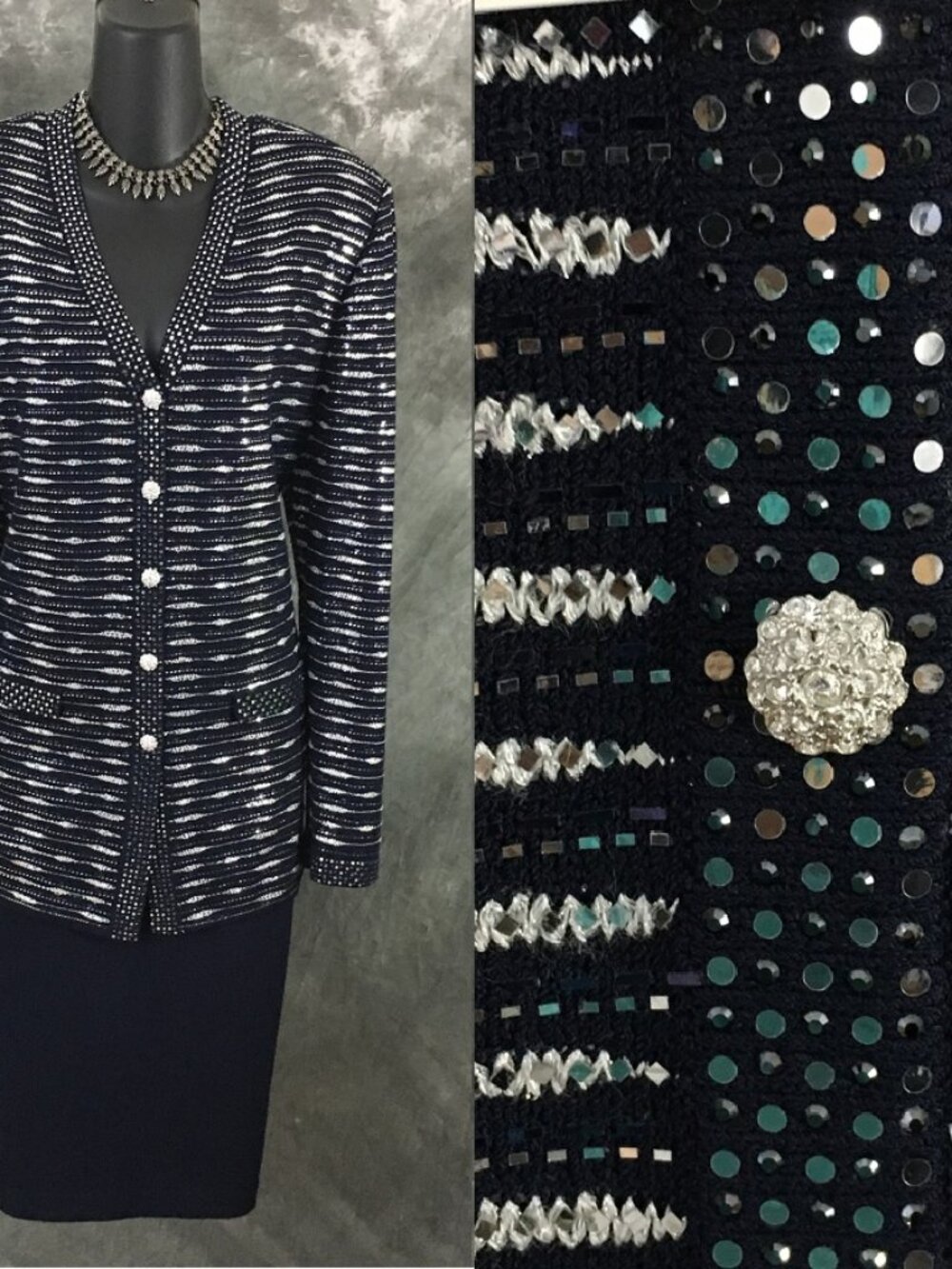 BEAUTIFUL St John evening knit blue white rhinestones embellished skirt suit 16